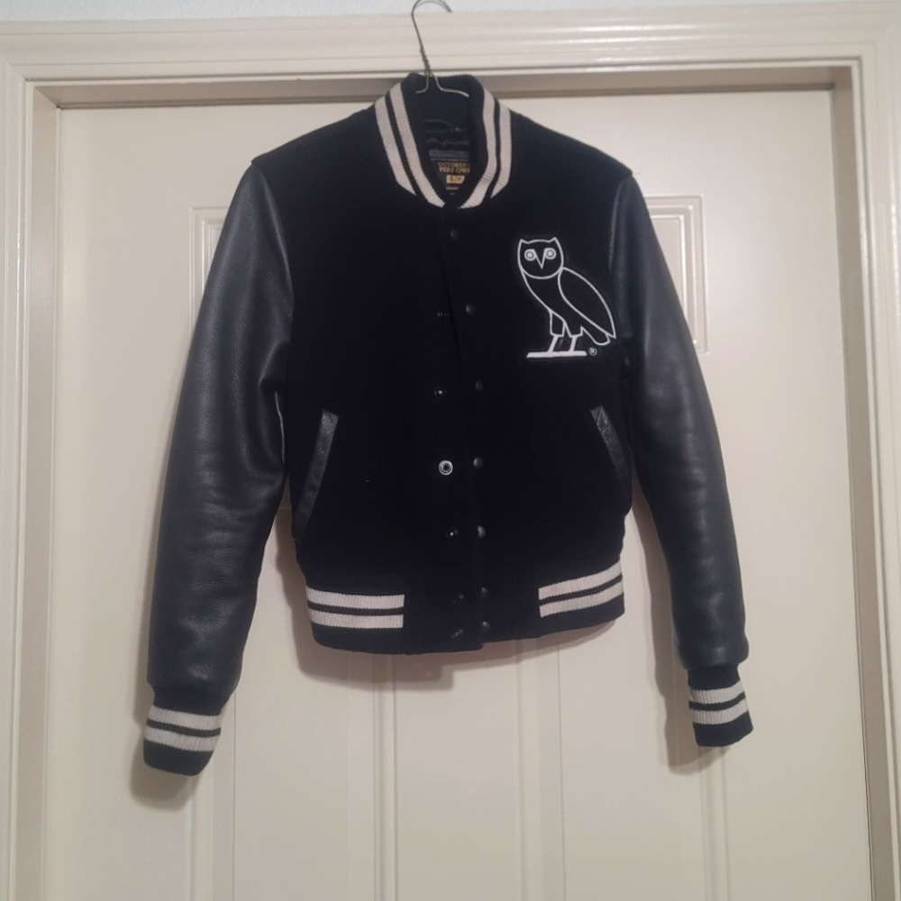 October's Very Own (OVO) Black Women's Letterman Jacket with leather sleeves